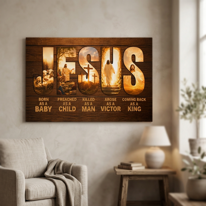 Jesus Born as a Baby Coming Back as a King Christian Canvas Wall Art | Rustic Religious Decor | Jesus Christ Life Story Canvas Print