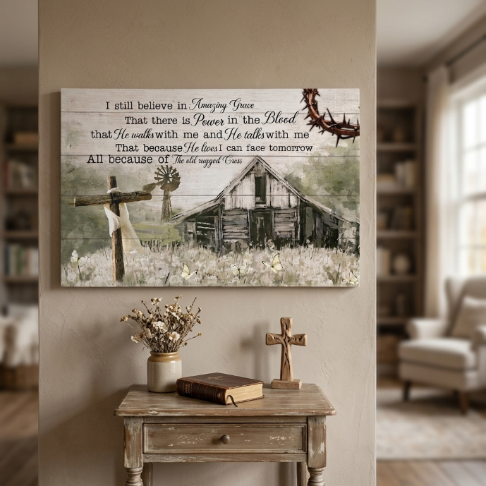 Amazing Grace Canvas Wall Art – Christian Farmhouse Faith Canvas with Inspirational Scripture Message