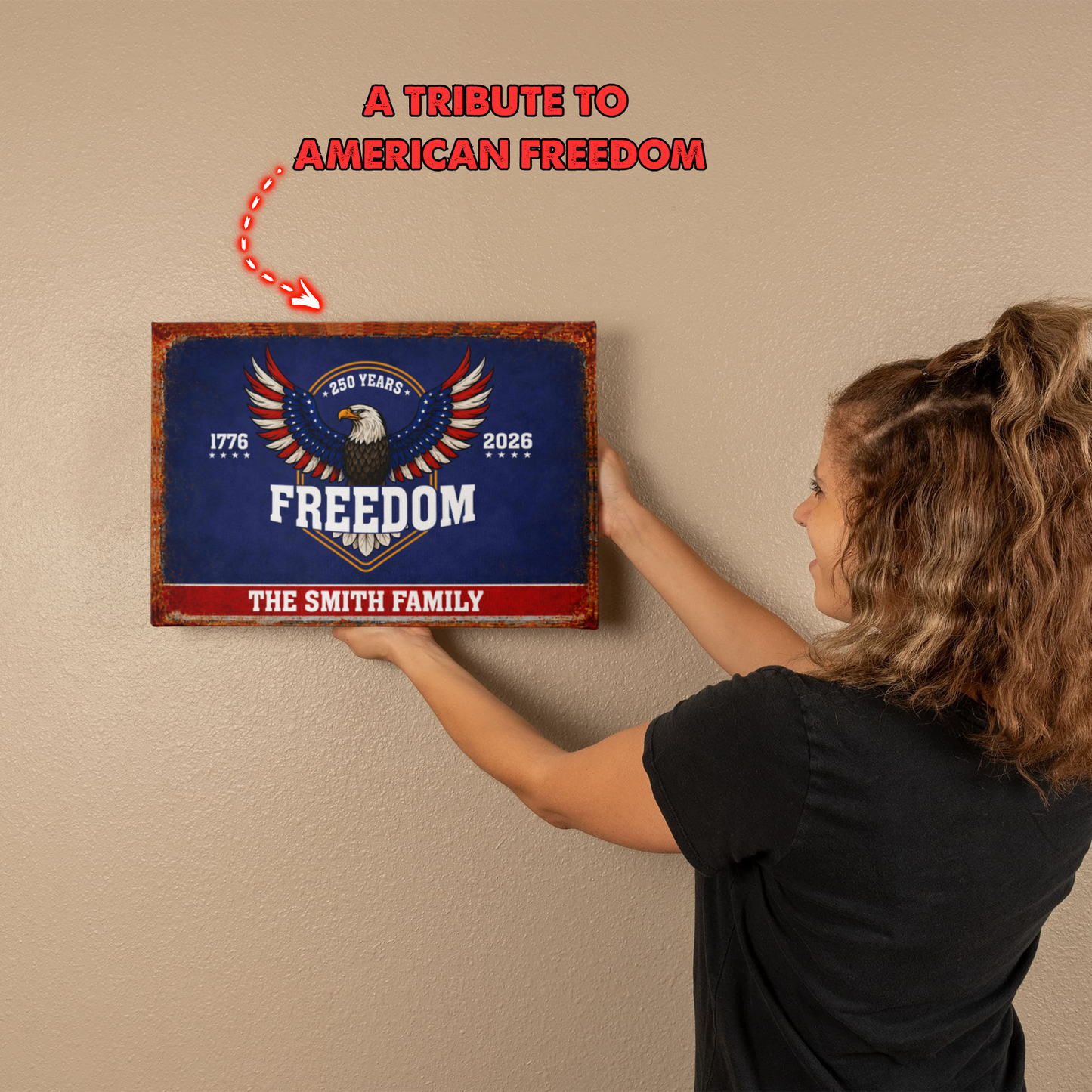 Personalized Freedom Eagle Gallery Wrapped Canvas – Custom Family Name 250 Years of Freedom Patriotic Wall Art
