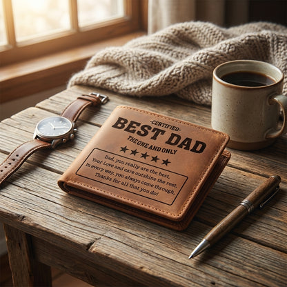 Certified Best Dad leather bifold wallet held in hands