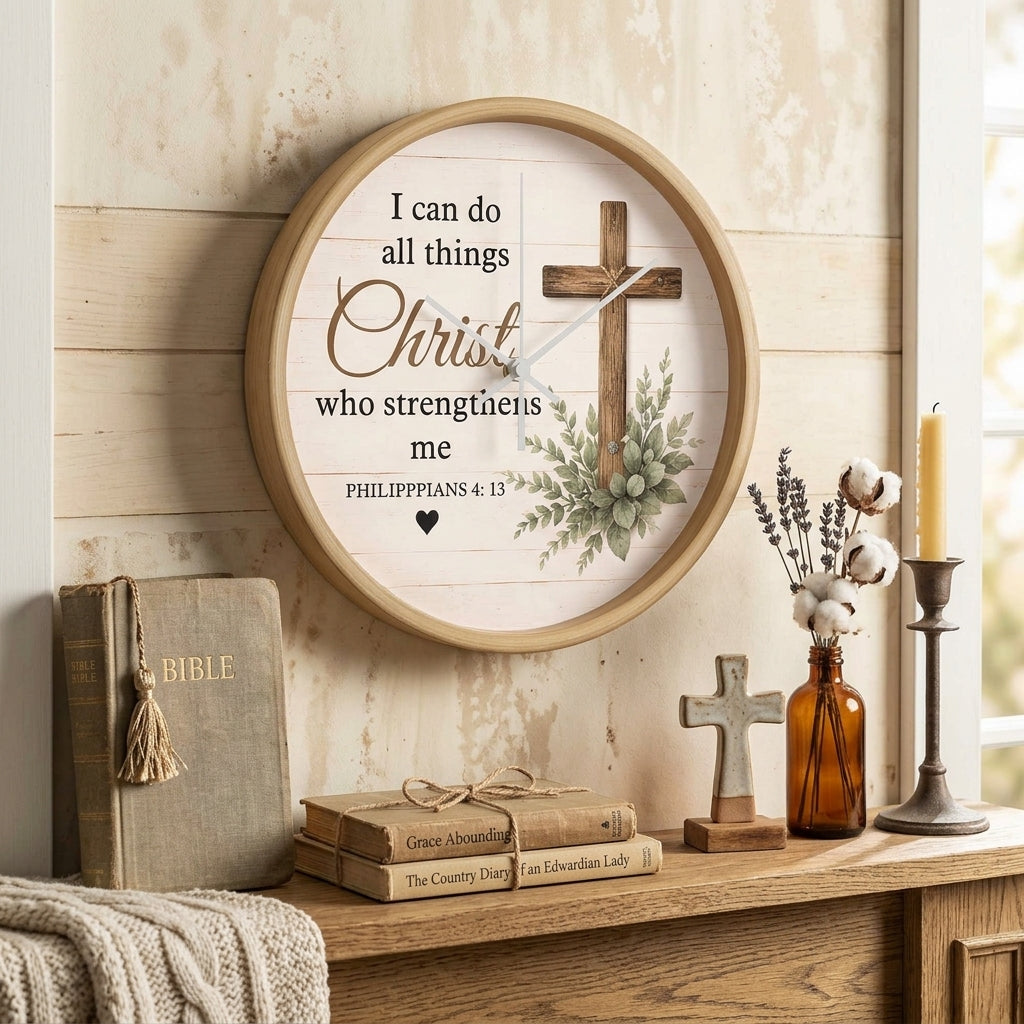 Philippians 4:13 Christian Wall Clock – I Can Do All Things Through Christ Rustic Cross Faith Decor