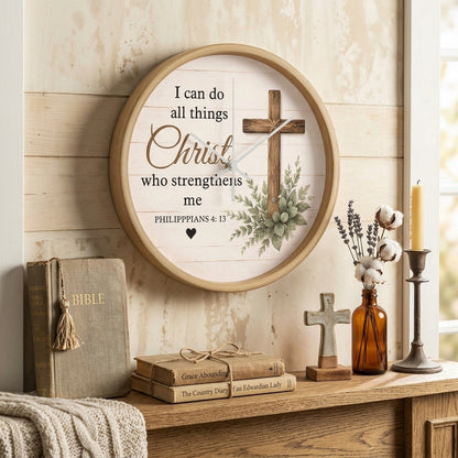 Philippians 4:13 Christian Wall Clock – I Can Do All Things Through Christ Rustic Cross Faith Decor