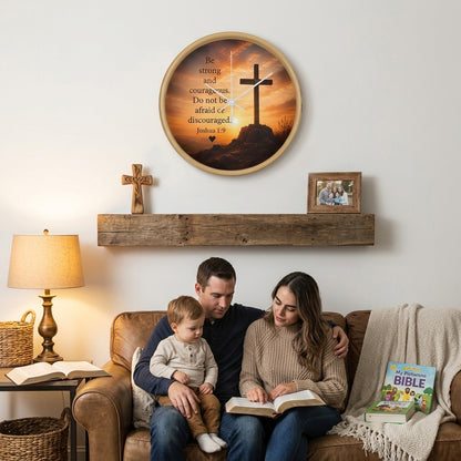 Joshua 1:9 Christian Wall Clock – Be Strong and Courageous Cross Scripture Clock | Inspirational Faith Home Decor