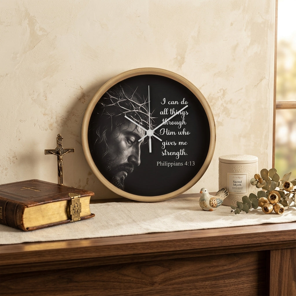 Philippians 4:13 Christian Wall Clock – I Can Do All Things Through Christ Inspirational Faith Decor