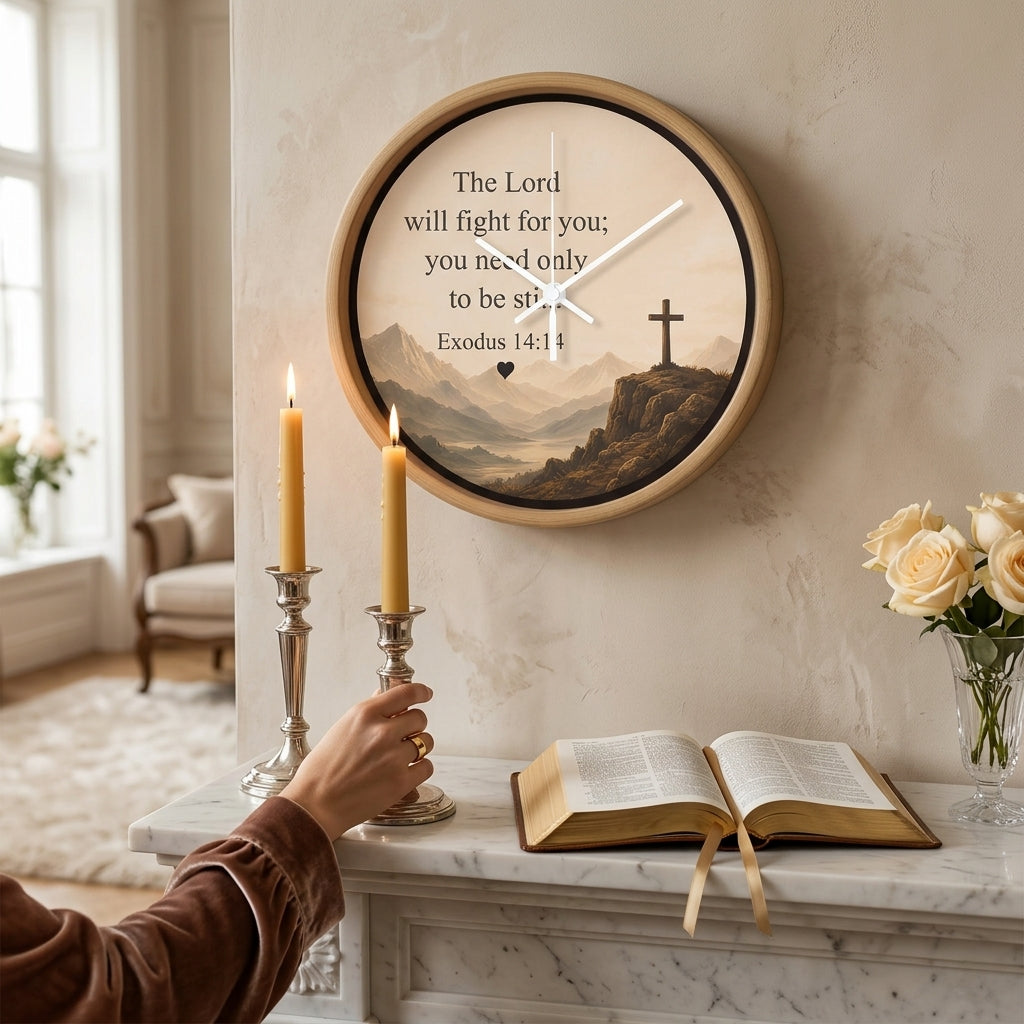 Exodus 14:14 Christian Wall Clock – The Lord Will Fight for You Scripture Clock | Inspirational Faith Home Decor