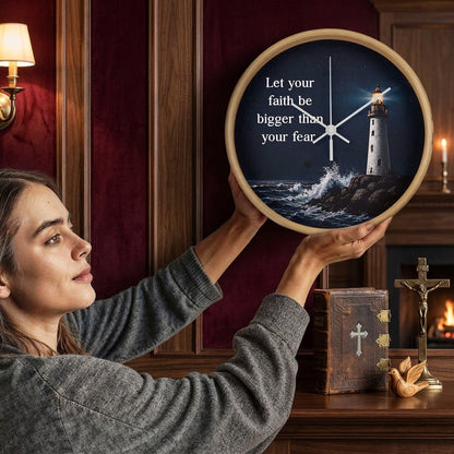 Let Your Faith Be Bigger Than Your Fear Wall Clock – Inspirational Christian Lighthouse Wall Clock | Faith-Based Home Decor