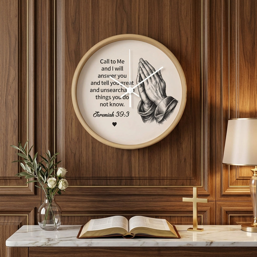 Jeremiah 33:3 Christian Wall Clock – Call to Me and I Will Answer You | Prayer Hands Bible Verse Wall Clock | Inspirational Christian Home Decor