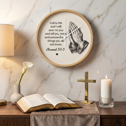 Jeremiah 33:3 Christian Wall Clock – Call to Me and I Will Answer You | Prayer Hands Bible Verse Wall Clock | Inspirational Christian Home Decor