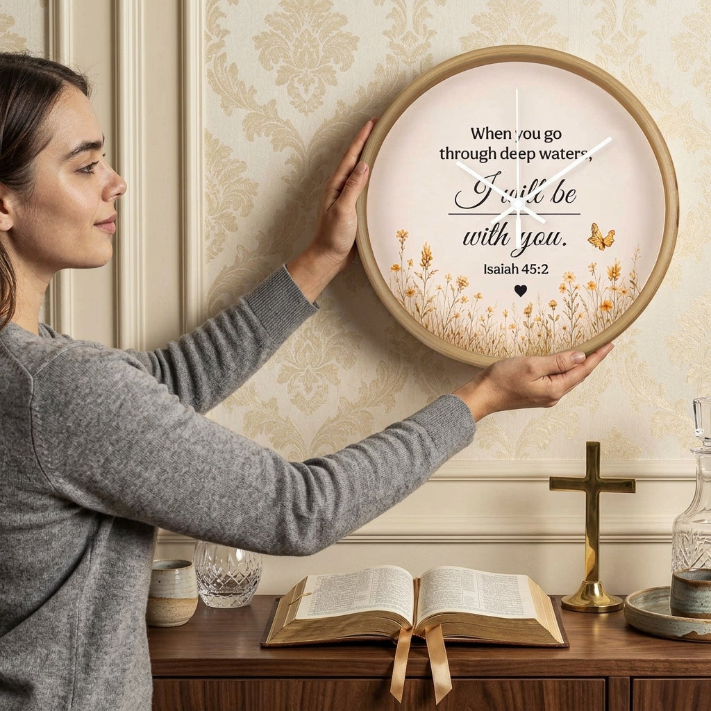 Isaiah 43:2 Christian Wall Clock – When You Go Through Deep Waters I Will Be With You | Inspirational Bible Verse Wall Clock | Faith Home Decor