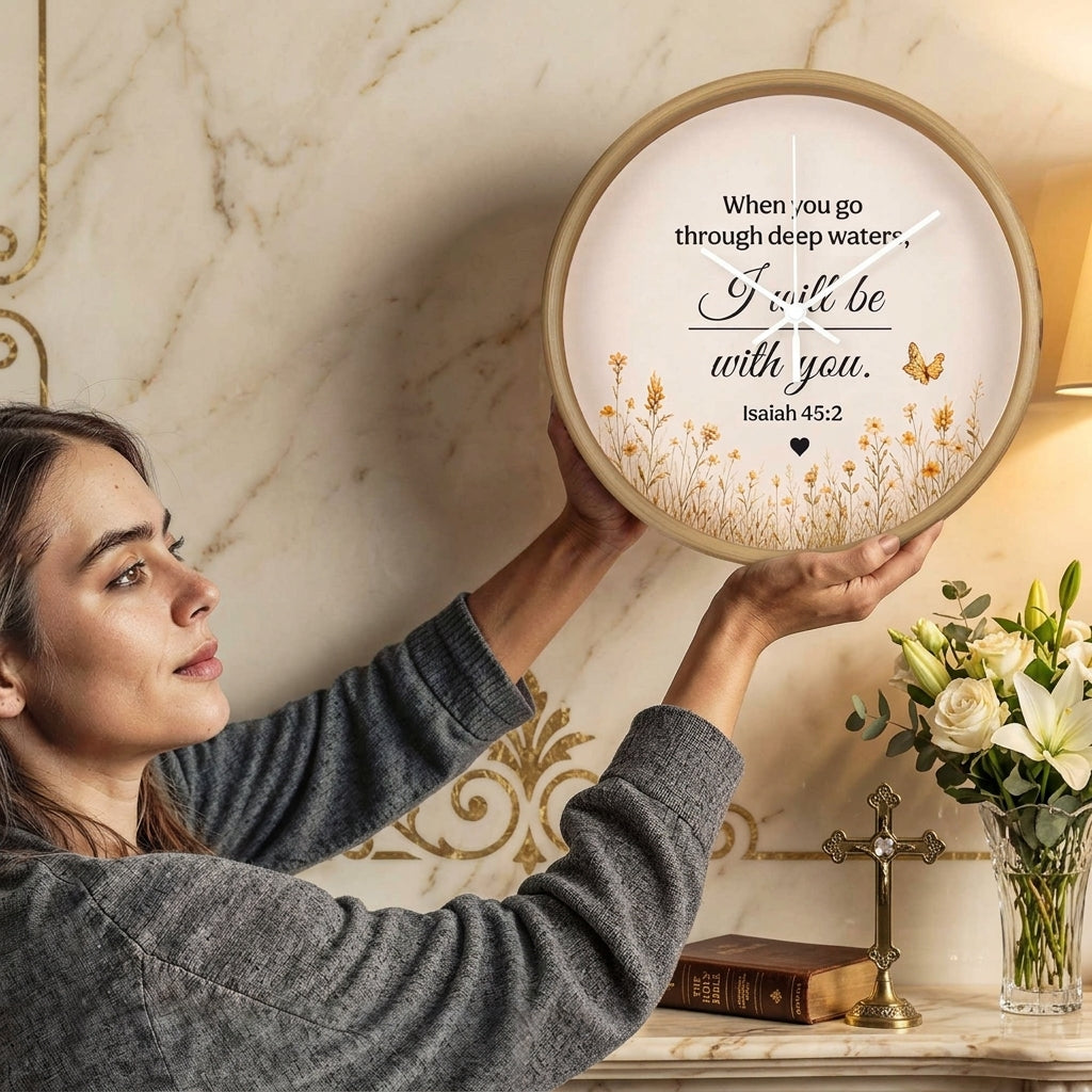 Isaiah 43:2 Christian Wall Clock – When You Go Through Deep Waters I Will Be With You | Inspirational Bible Verse Wall Clock | Faith Home Decor
