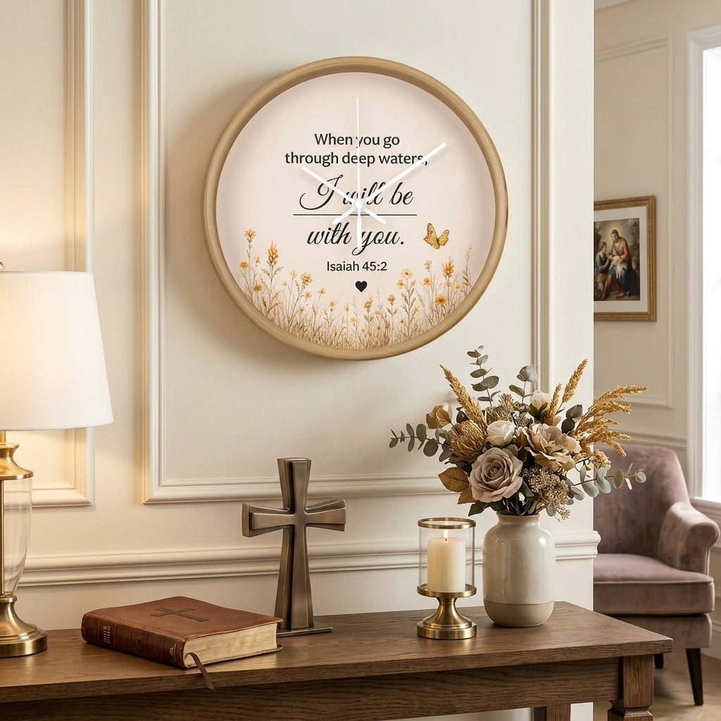 Isaiah 43:2 Christian Wall Clock – When You Go Through Deep Waters I Will Be With You | Inspirational Bible Verse Wall Clock | Faith Home Decor
