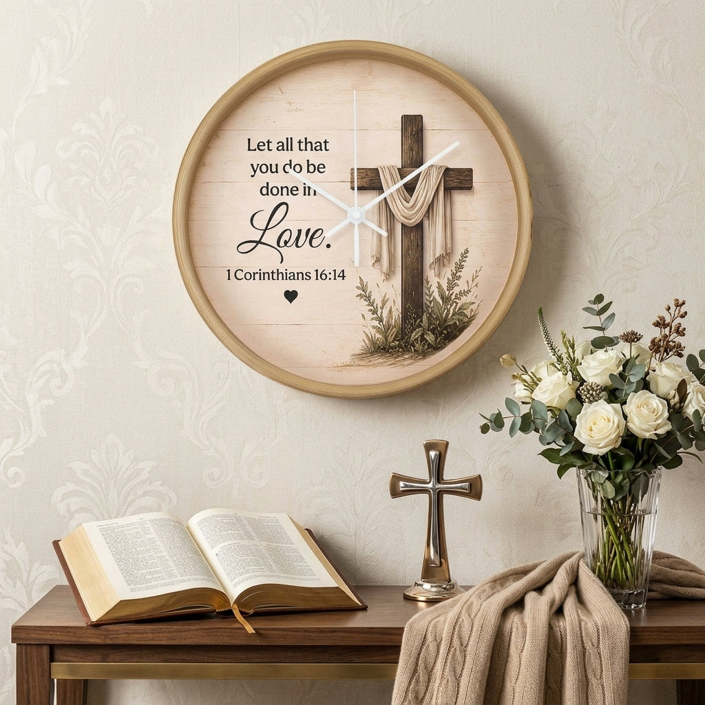 1 Corinthians 16:14 Christian Wall Clock – Let All That You Do Be Done in Love | Cross Bible Verse Wall Clock | Inspirational Faith Home Decor