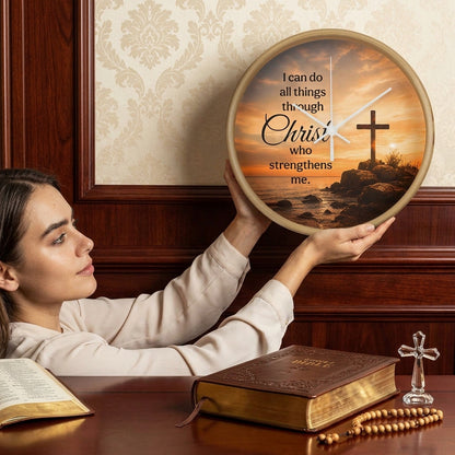 Philippians 4:13 Christian Wall Clock – I Can Do All Things Through Christ | Cross Sunset Bible Verse Wall Clock | Inspirational Faith Home Decor