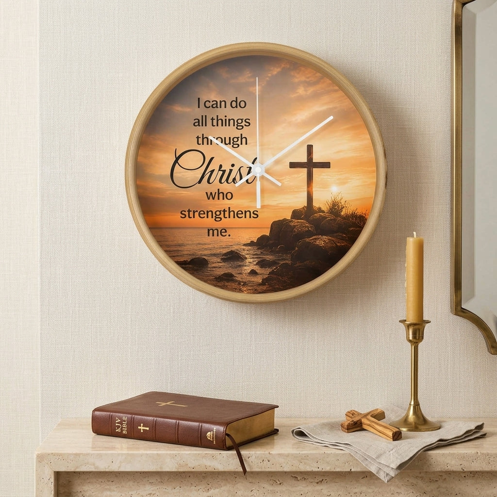 Philippians 4:13 Christian Wall Clock – I Can Do All Things Through Christ | Cross Sunset Bible Verse Wall Clock | Inspirational Faith Home Decor
