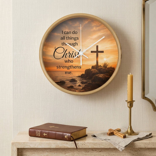 Philippians 4:13 Christian Wall Clock – I Can Do All Things Through Christ | Cross Sunset Bible Verse Wall Clock | Inspirational Faith Home Decor