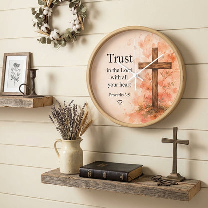 Proverbs 3:5 Christian Wall Clock – Trust in the Lord with All Your Heart | Floral Cross Bible Verse Wall Clock | Inspirational Faith Home Decor