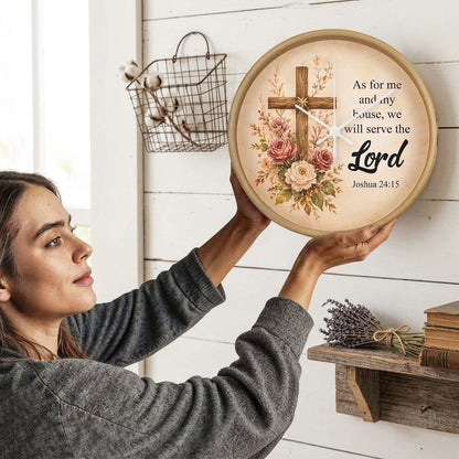 Joshua 24:15 Christian Wall Clock – As for Me and My House We Will Serve the Lord | Rustic Cross Bible Verse Wall Clock | Faith Home Decor