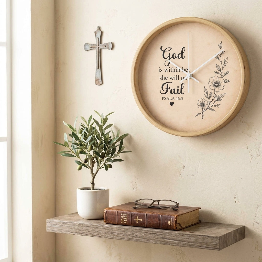 Psalm 46:5 Christian Wall Clock – God Is Within Her She Will Not Fail | Inspirational Bible Verse Wall Clock | Christian Home Decor for Women