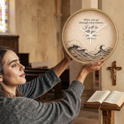 Isaiah 43:2 Christian Wall Clock – When You Go Through Deep Waters I Will Be With You | Inspirational Bible Verse Wall Clock | Faith Home Decor