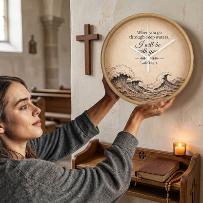 Isaiah 43:2 Christian Wall Clock – When You Go Through Deep Waters I Will Be With You | Inspirational Bible Verse Wall Clock | Faith Home Decor