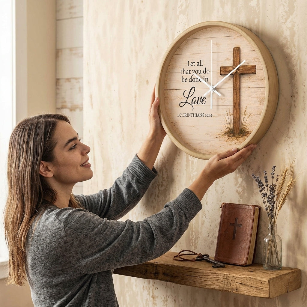 1 Corinthians 16:14 Christian Wall Clock – Let All That You Do Be Done in Love | Rustic Cross Bible Verse Wall Clock | Faith Home Decor