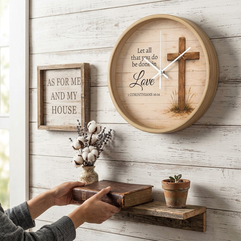 1 Corinthians 16:14 Christian Wall Clock – Let All That You Do Be Done in Love | Rustic Cross Bible Verse Wall Clock | Faith Home Decor