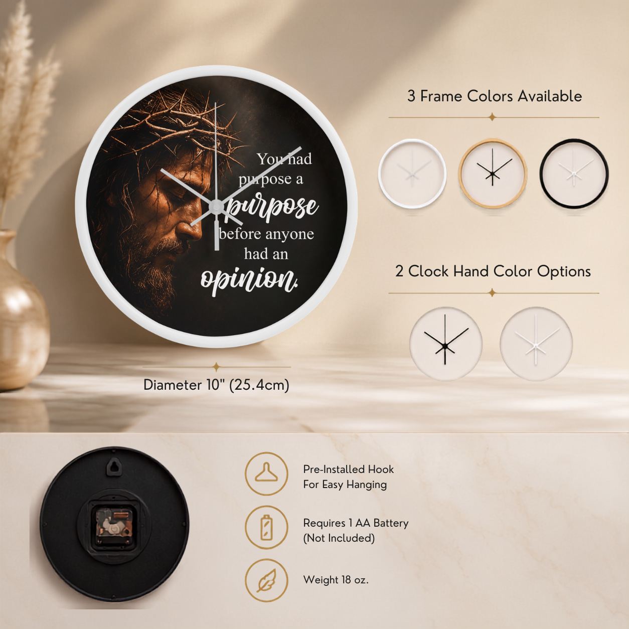 Purpose Before Opinion Christian Wall Clock – Inspirational Jesus Wall Clock | Christian Faith Wall Decor | Religious Home Clock