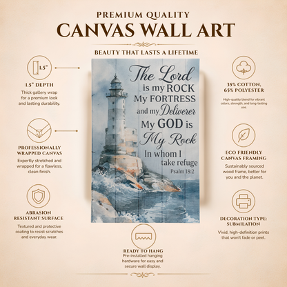 The Lord Is My Rock Lighthouse Canvas Wall Art – Psalm 18:2 Christian Bible Verse Decor