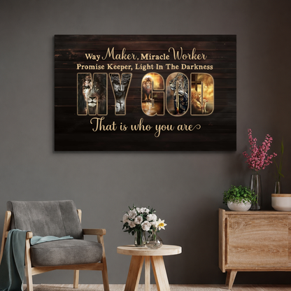 Way Maker Miracle Worker MY GOD Christian Canvas Wall Art | Inspirational Jesus Lion Cross Scripture Wall Decor | Faith Home Decor Gift