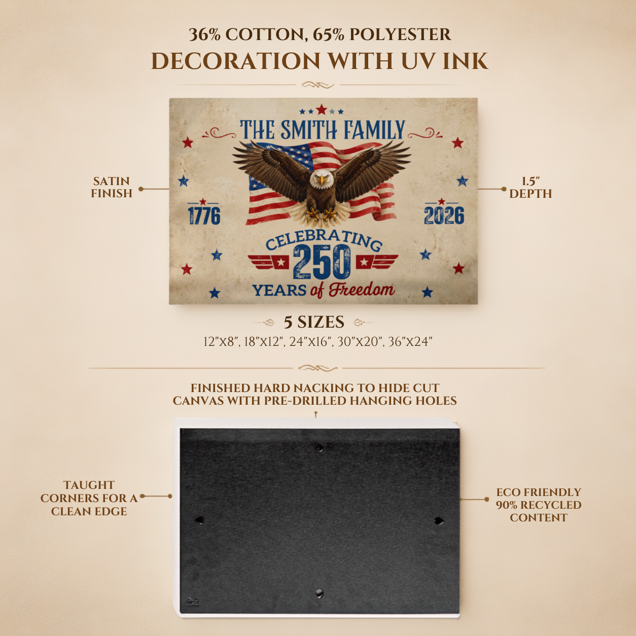 Personalized 250 Years of Freedom Gallery Wrapped Canvas – Custom Family Name Patriotic Eagle Wall Art