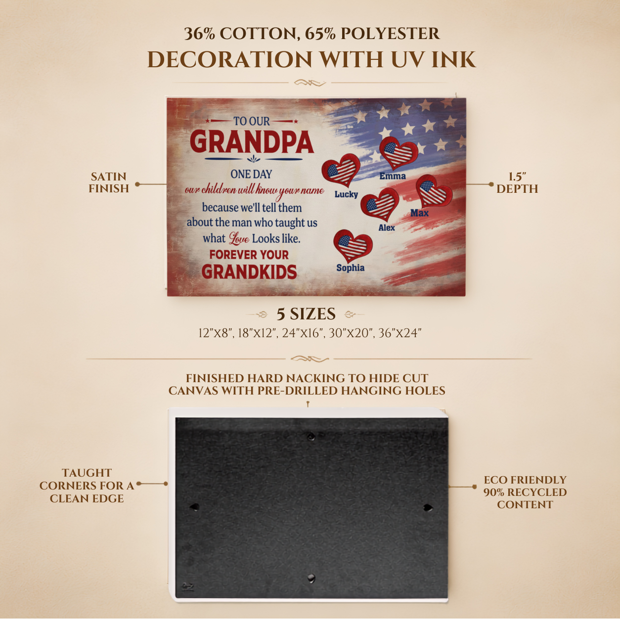 Personalized To Our Grandpa Canvas – Custom Grandkids Names Patriotic Family Wall Art