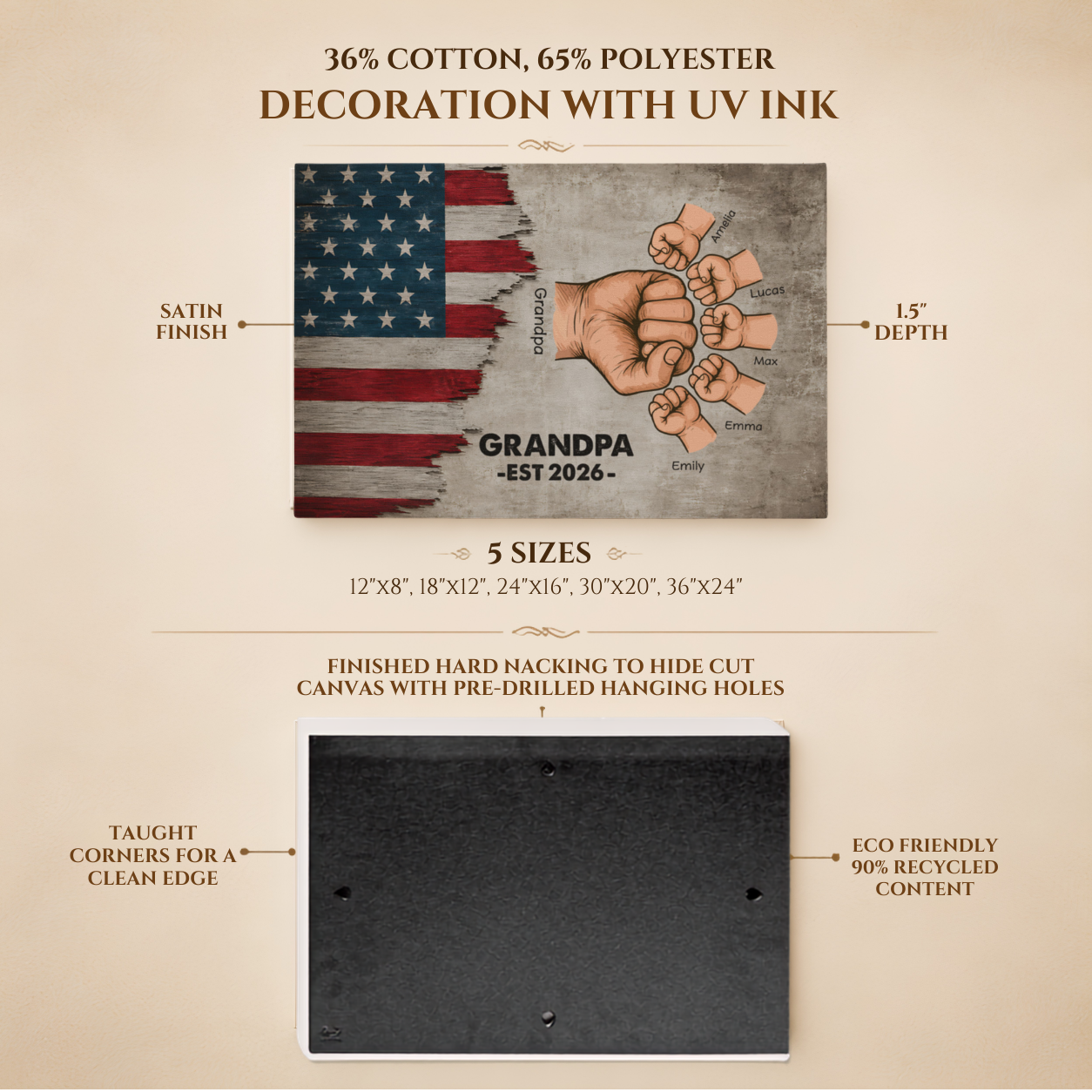 Personalized Grandpa Fist Bump Canvas – Custom Grandkids Names Patriotic Family Wall Art for Grandpa