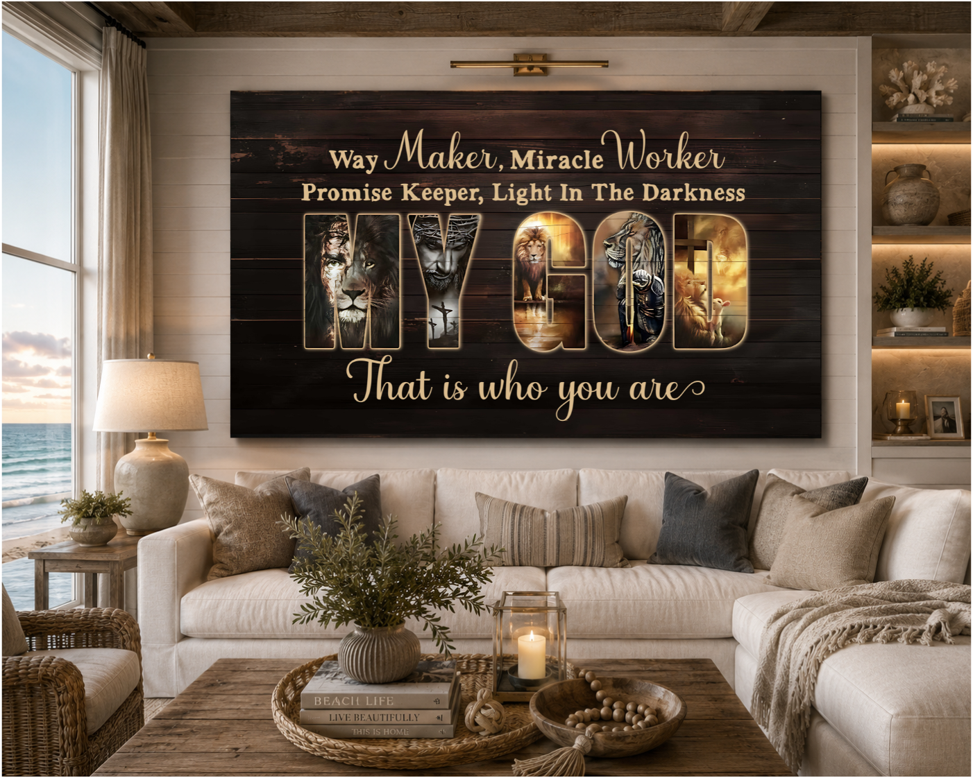Way Maker Miracle Worker MY GOD Christian Canvas Wall Art | Inspirational Jesus Lion Cross Scripture Wall Decor | Faith Home Decor Gift