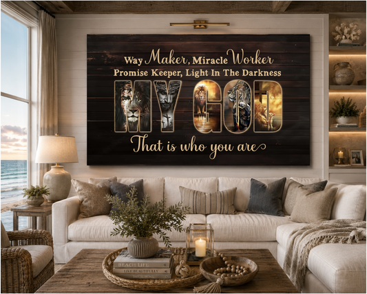 Way Maker Miracle Worker MY GOD Christian Canvas Wall Art | Inspirational Jesus Lion Cross Scripture Wall Decor | Faith Home Decor Gift