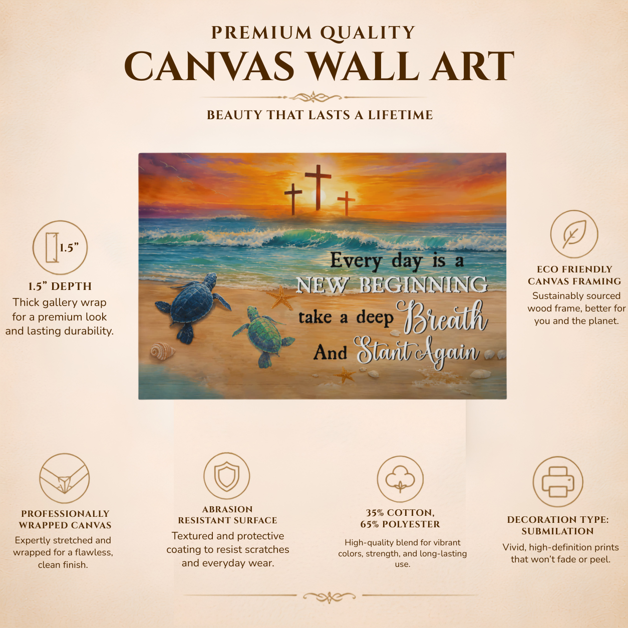 Every Day Is a New Beginning Christian Canvas Wall Art | Take a Deep Breath and Start Again | Beach Sunset Crosses Sea Turtle Coastal Decor