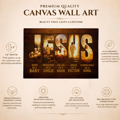 Jesus Born as a Baby Coming Back as a King Christian Canvas Wall Art | Rustic Religious Decor | Jesus Christ Life Story Canvas Print