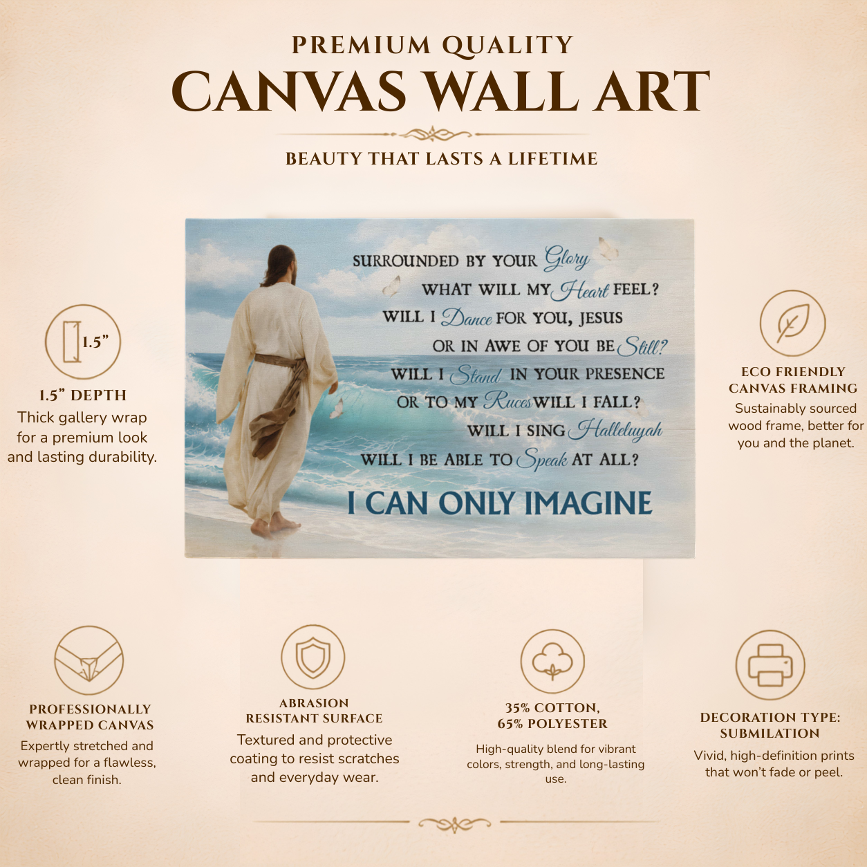 I Can Only Imagine Christian Canvas Wall Art | Jesus Walking by the Ocean | Surrounded By Your Glory Religious Wall Decor
