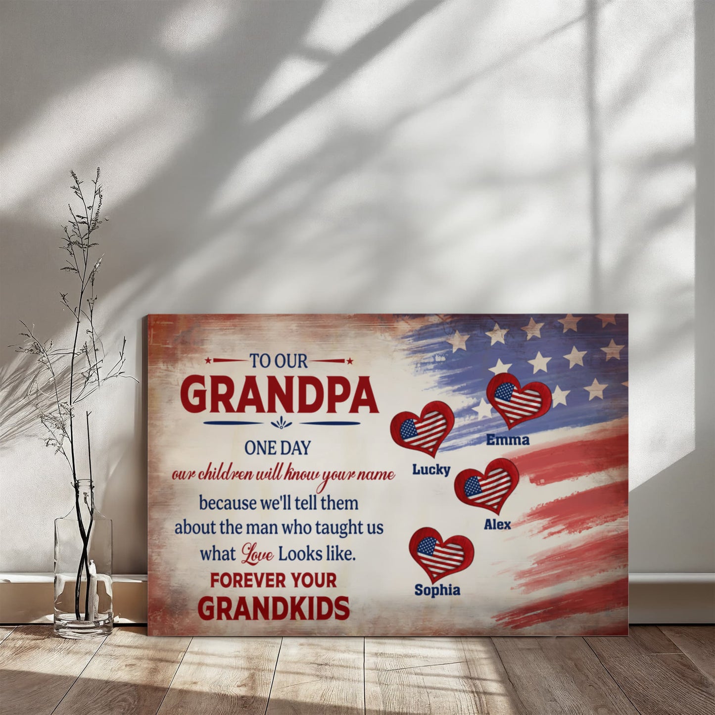 Personalized To Our Grandpa Canvas – Custom Grandkids Names Patriotic Family Wall Art