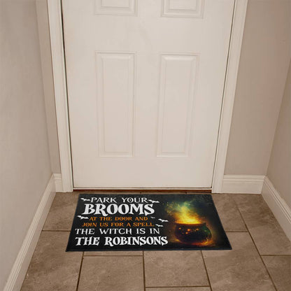 Personalized Halloween Doormat, Custom Witch Welcome Mat with Family Name, Park Your Brooms Funny Front Porch Decor