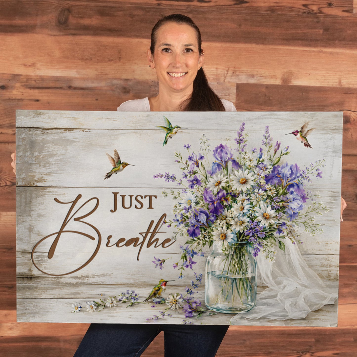 Purple irises and white daisies farmhouse home artwork