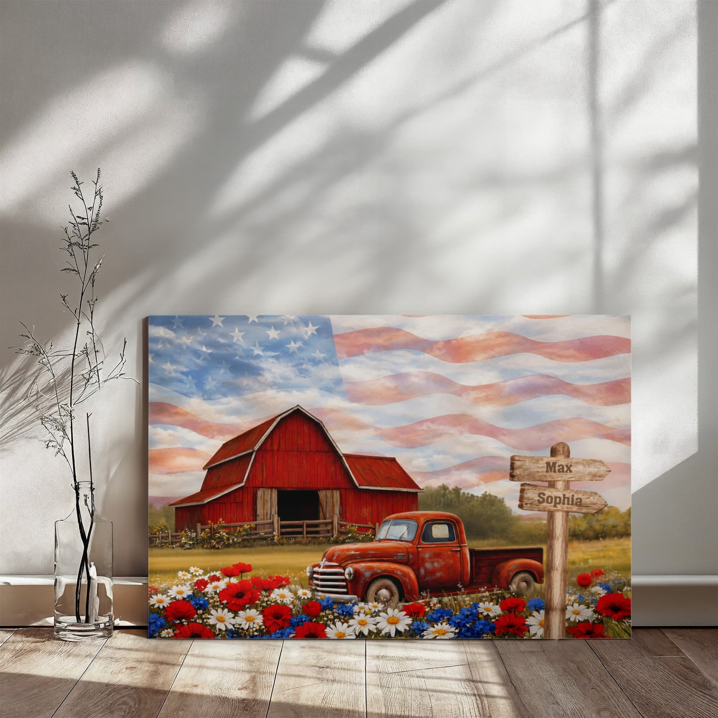 Personalized Patriotic Grandpa Canvas – Custom Grandkids Names Farmhouse American Flag Wall Art