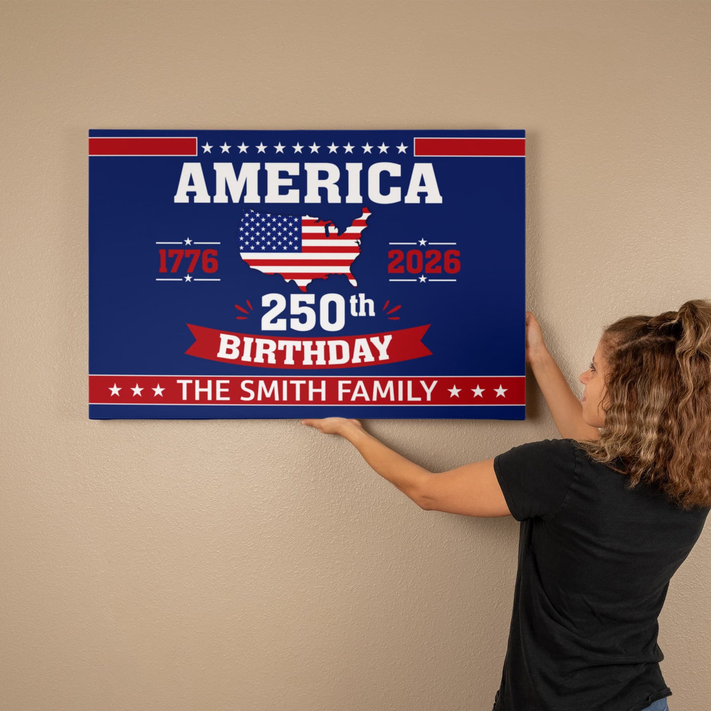 Personalized America 250th Birthday Gallery Wrapped Canvas – Custom Family Name Patriotic Wall Art