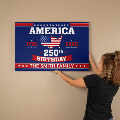 Personalized America 250th Birthday Gallery Wrapped Canvas – Custom Family Name Patriotic Wall Art