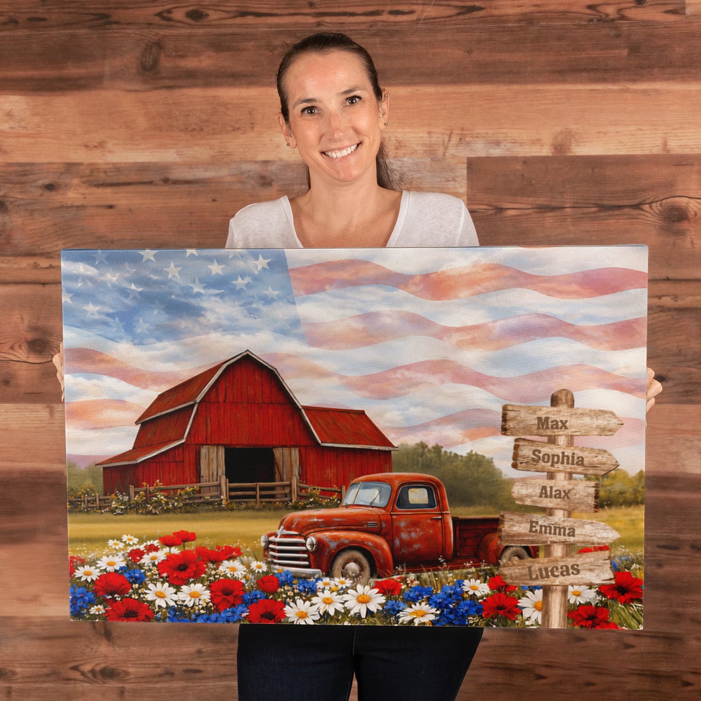Personalized Patriotic Grandpa Canvas – Custom Grandkids Names Farmhouse American Flag Wall Art