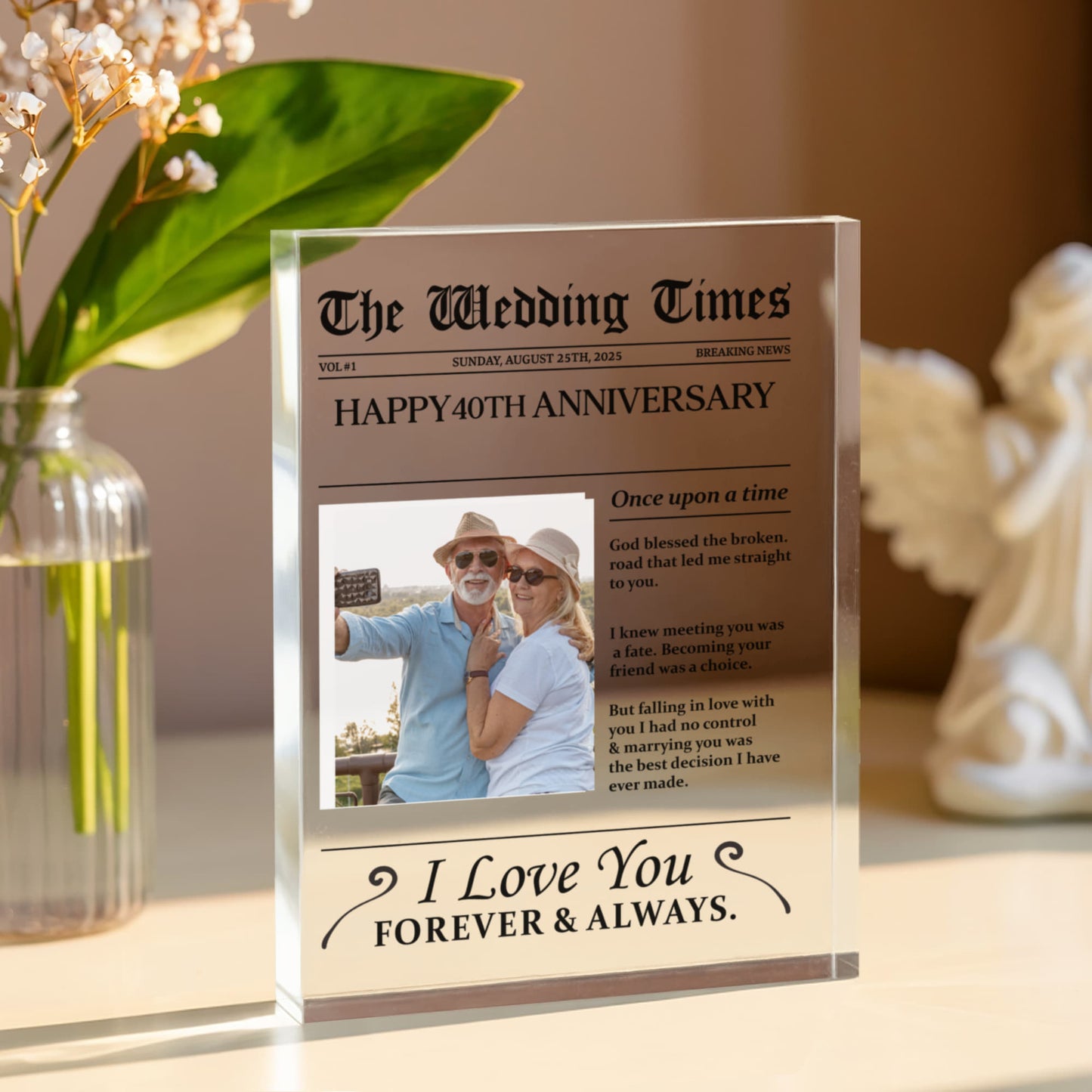 Personalized "The Wedding Times" Acrylic Block – Custom 40th Anniversary Gift, Romantic Keepsake for Couples with Custom Photo
