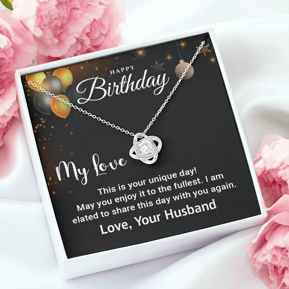 Happy Birthday My Love - Personalize Love Knot Necklace Gift - (Yellow & White Gold Variants)
