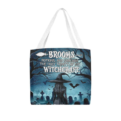 Brooms, Potions & Sarcasm: The Holy Trinity of My Witchcraft” Gothic Halloween Tote Bag !