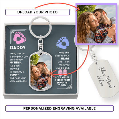 silver dog tag keychain pregnancy reveal bump to daddy my hero