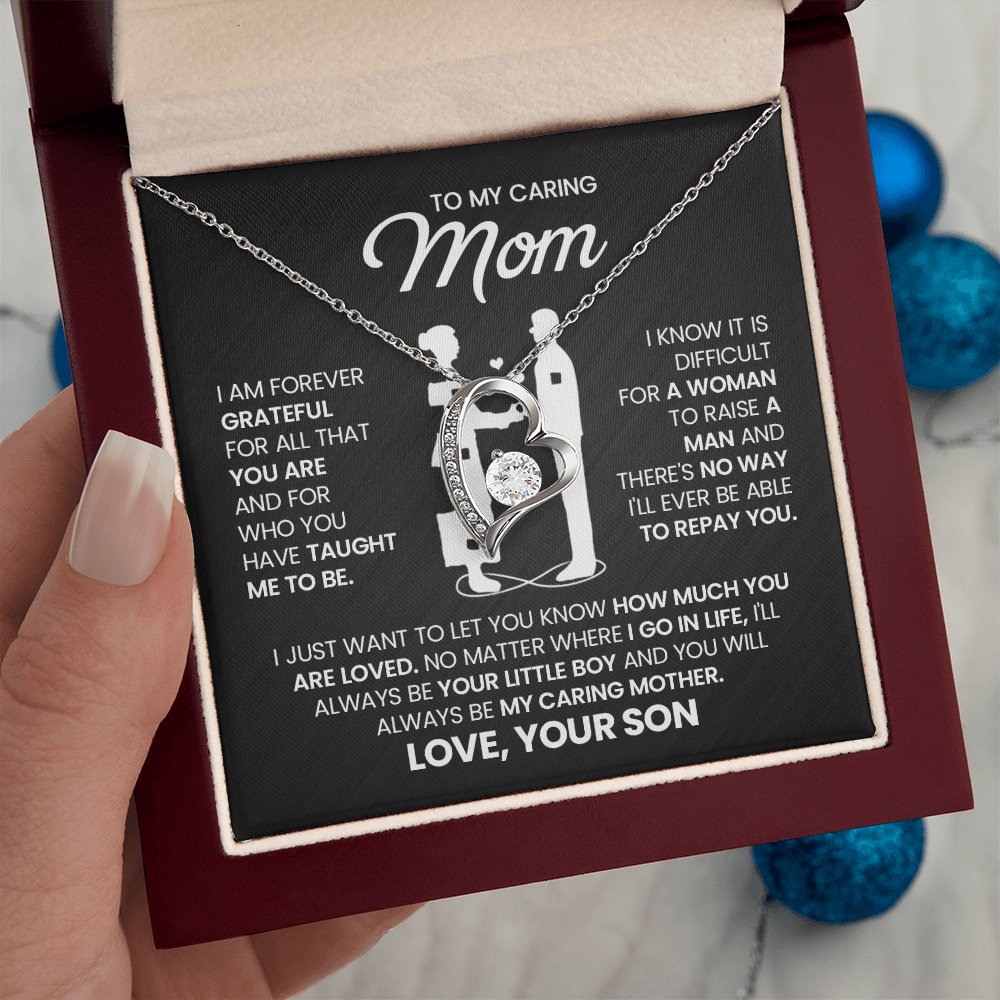 To My Caring Mom Necklace from Son – Mother & Son Heart Pendant Gift | I Love You Forever Jewelry