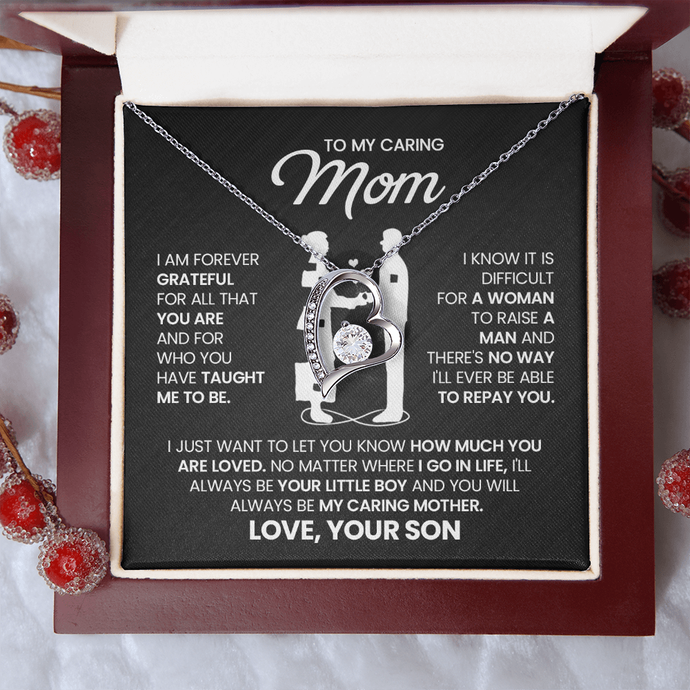 To My Caring Mom Necklace from Son – Mother & Son Heart Pendant Gift | I Love You Forever Jewelry